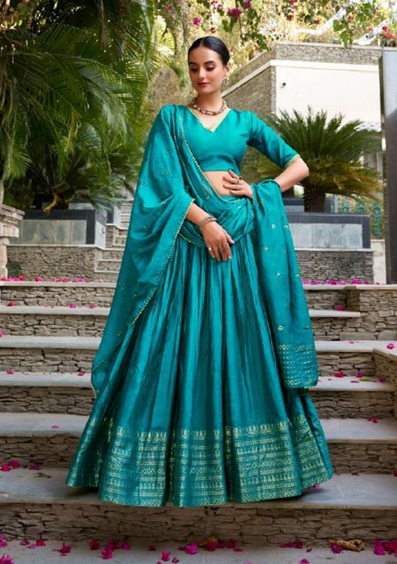 Blue Chanderi Lehenga Set with Zari Work for Diwali | Wedding & Festive Wear - Indya