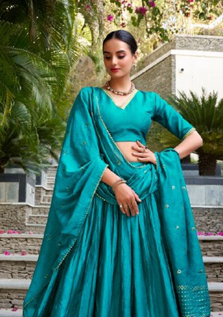 Blue Zari Work Chanderi&nbsp; Lehenga Set - Indya