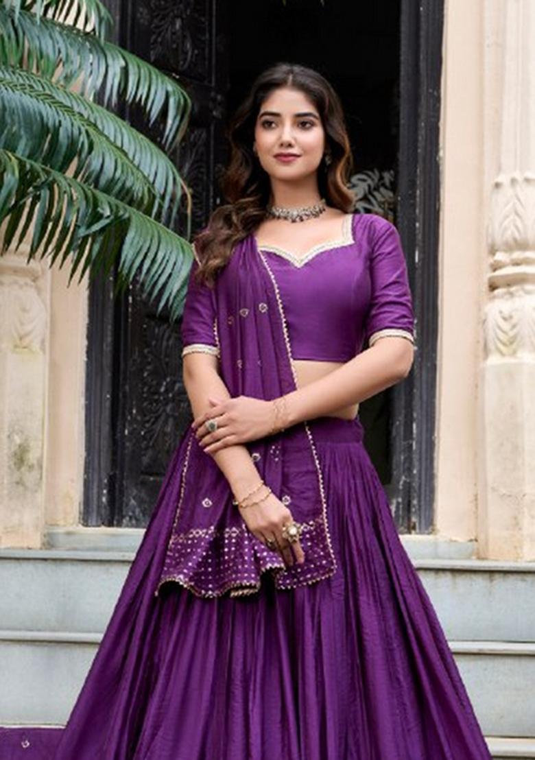Purple Zari Work Chanderi&nbsp; Lehenga Set - Indya