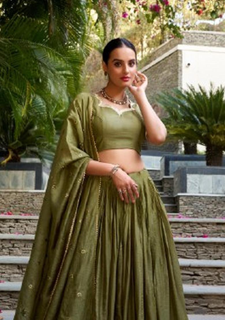 Mehendi Zari Work Chanderi&nbsp; Lehenga Set - Indya