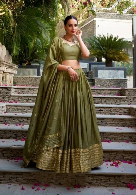 Mehendi Zari Work Chanderi&nbsp; Lehenga Set