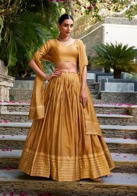 Mustard Zari Work Chanderi&nbsp; Lehenga Set