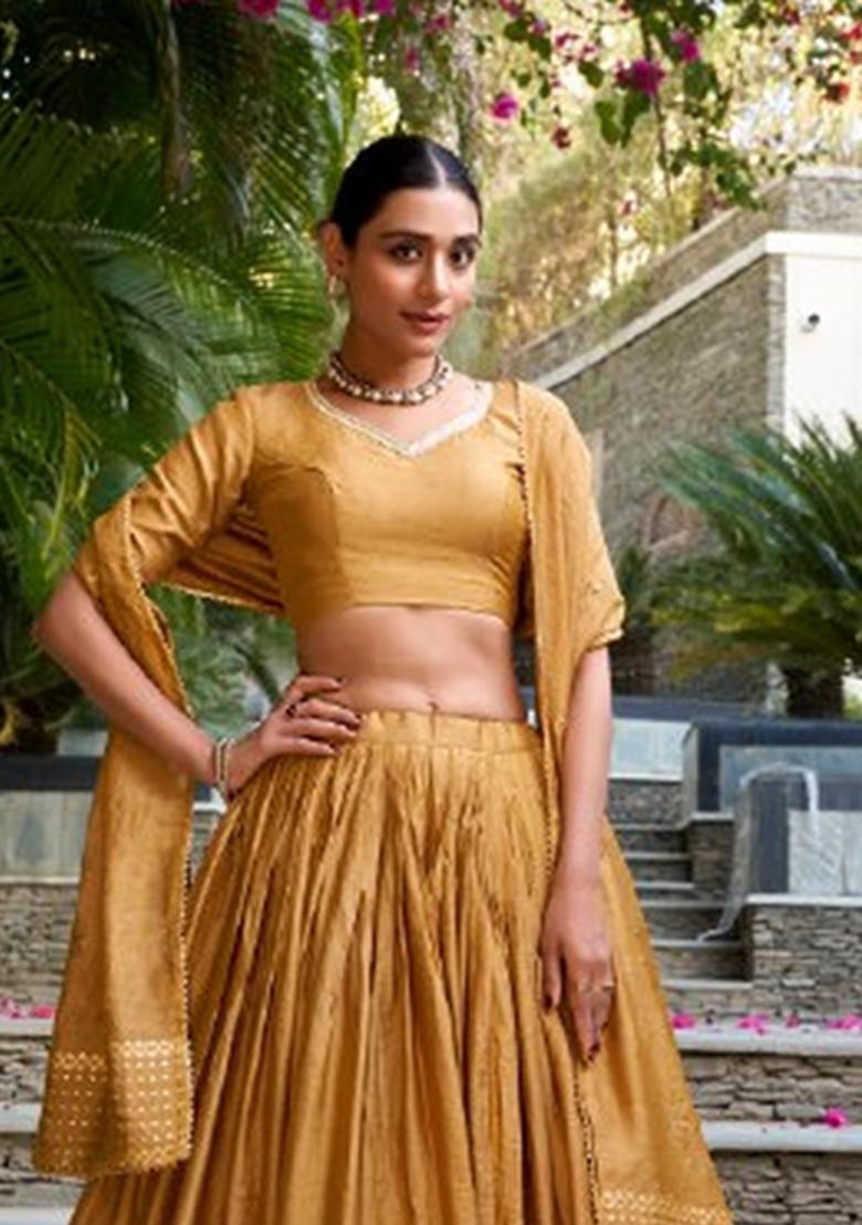 Mustard Zari Work Chanderi&nbsp; Lehenga Set - Indya