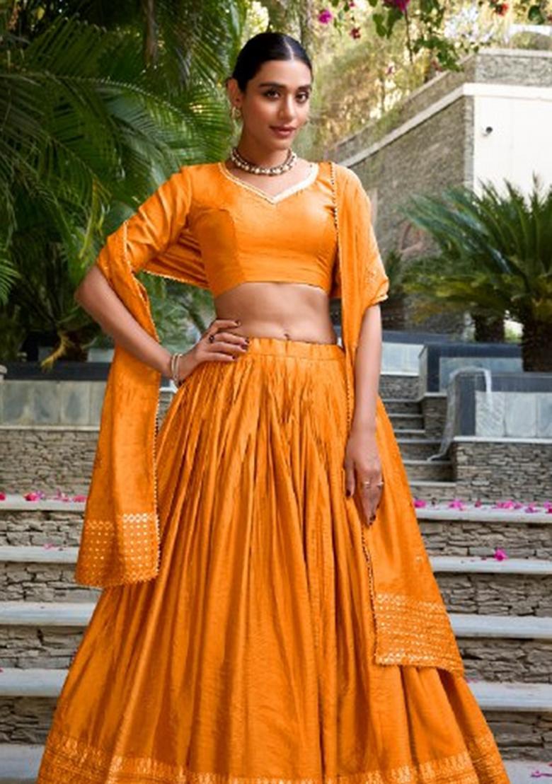 Orange Zari Work Chanderi&nbsp; Lehenga Set - Indya