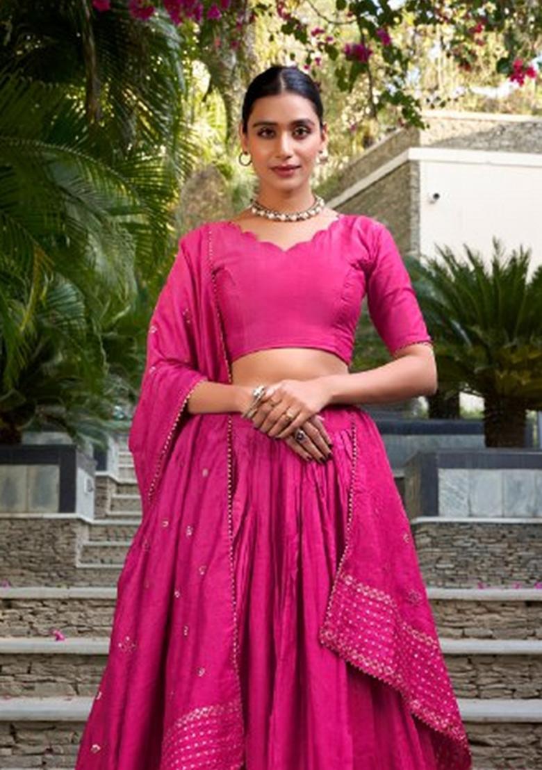 Pink Zari Work Chanderi&nbsp; Lehenga Set - Indya