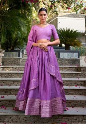 Purple Zari Work Chanderi&nbsp; Lehenga Set