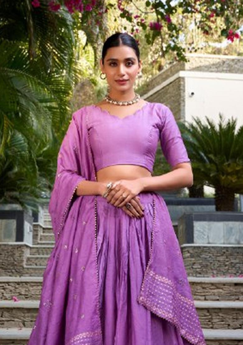 Purple Zari Work Chanderi&nbsp; Lehenga Set - Indya