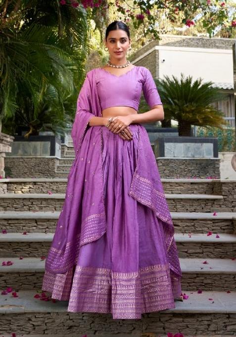 Purple Zari Work Chanderi&nbsp; Lehenga Set