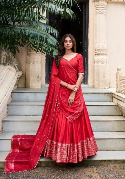 Red Zari Work Chanderi&nbsp; Lehenga Set