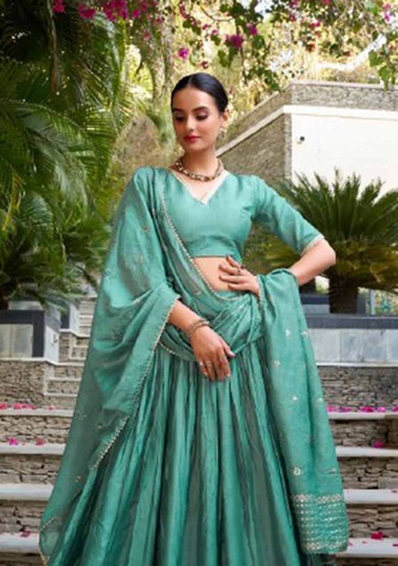 Green Zari Work Chanderi&nbsp; Lehenga Set - Indya