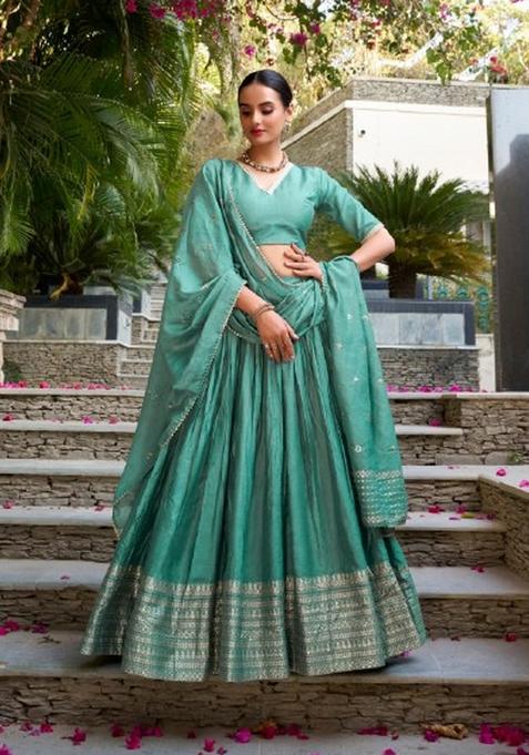 Green Zari Work Chanderi&nbsp; Lehenga Set