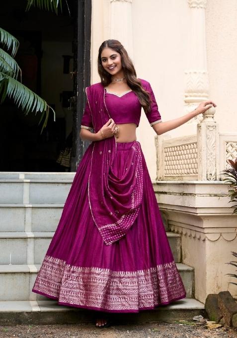Wine Zari Work Chanderi&nbsp; Lehenga Set