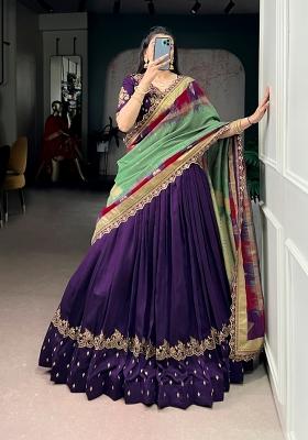Purple Embroidered Silk Lehenga Set