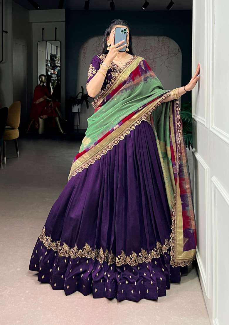 Purple Embroidered Silk Lehenga Set for Diwali and Festive Wear - Indya