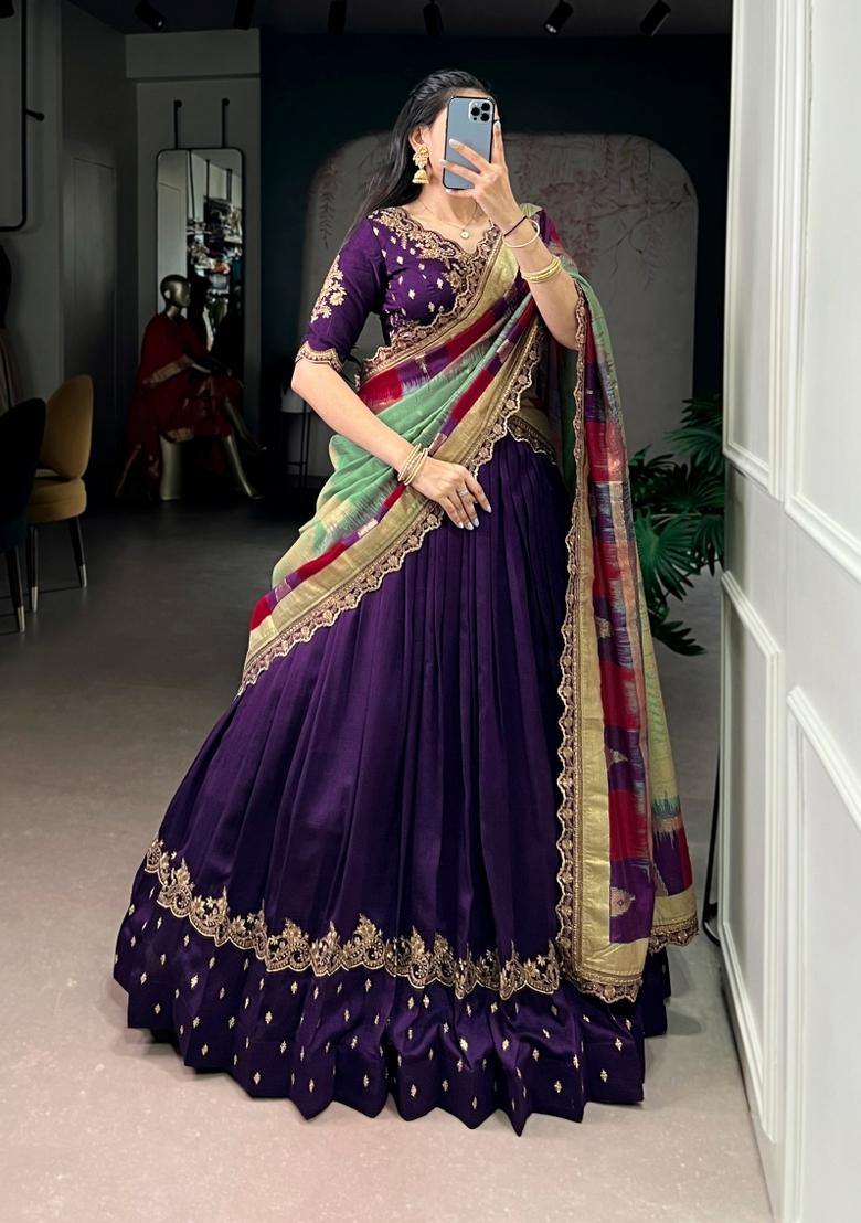 Purple Embroidered Silk Lehenga Set - Indya