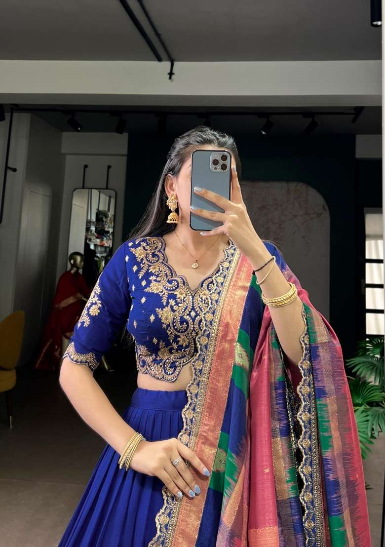 Blue Silk Lehenga Set with Embroidered for Diwali | Wedding & Festive Wear - Indya