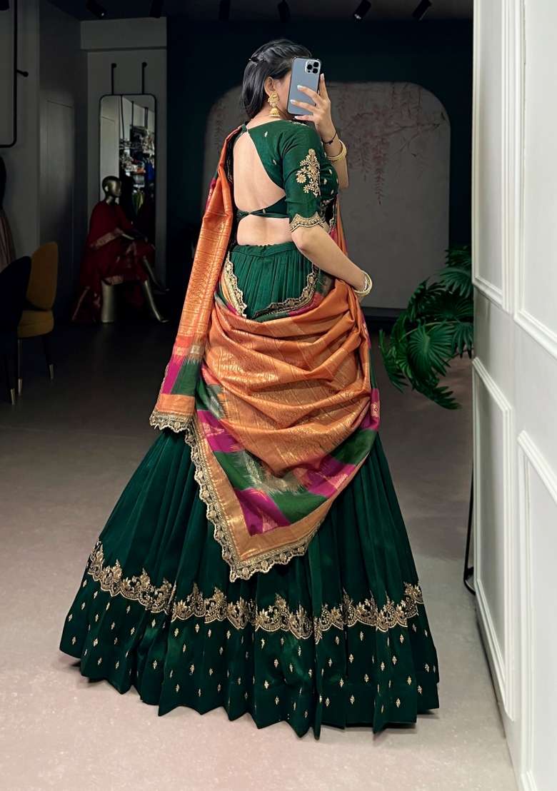 Green Silk Lehenga Set with Embroidered for Diwali | Wedding & Festive Wear - Indya