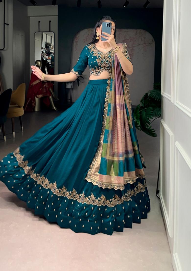 Firozi Embroidered Silk Lehenga Set - Indya