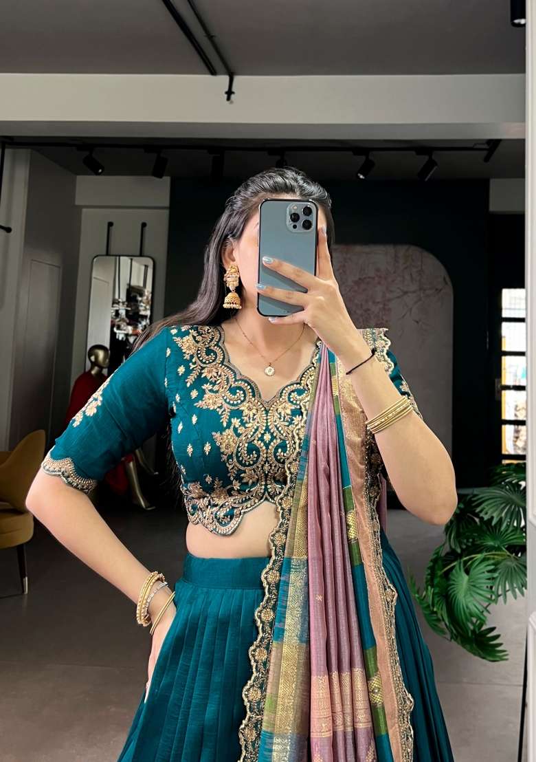 Firozi Silk Lehenga Set with Embroidered for Diwali | Wedding & Festive Wear - Indya