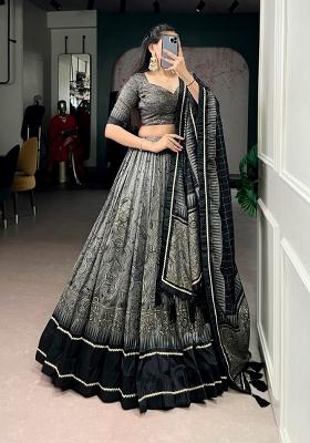 Grey Printed Silk Lehenga Set