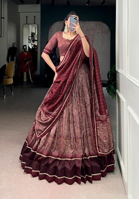 Maroon Printed Silk Lehenga Set