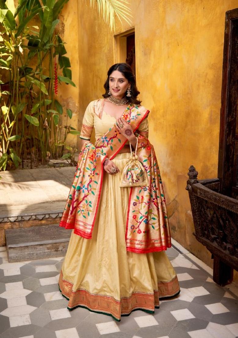 Cream Zari Work Silk Lehenga Set - Indya