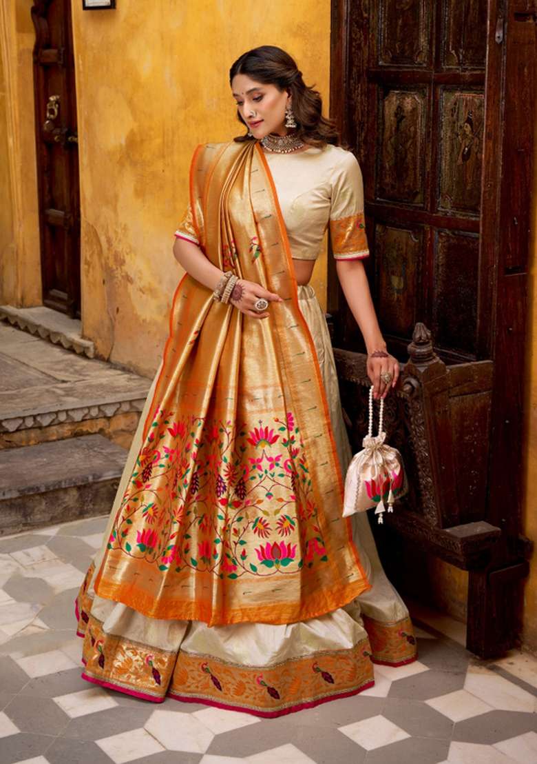 Off White Zari Work Silk Lehenga Set - Indya