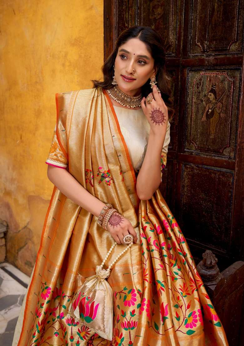 Off White Zari Work Silk Lehenga Set - Indya