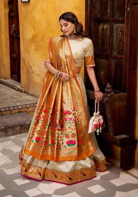 Off White Zari Work Silk Lehenga Set