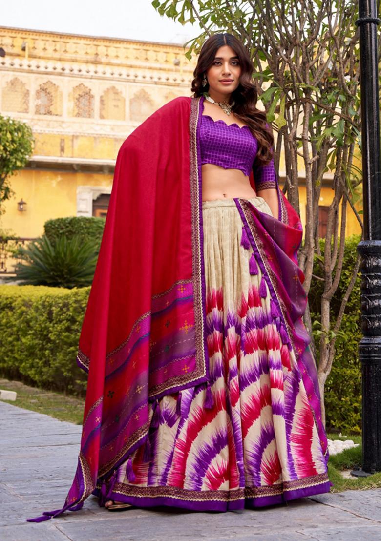 Purple Tie And Dye Silk Lehenga Set - Indya