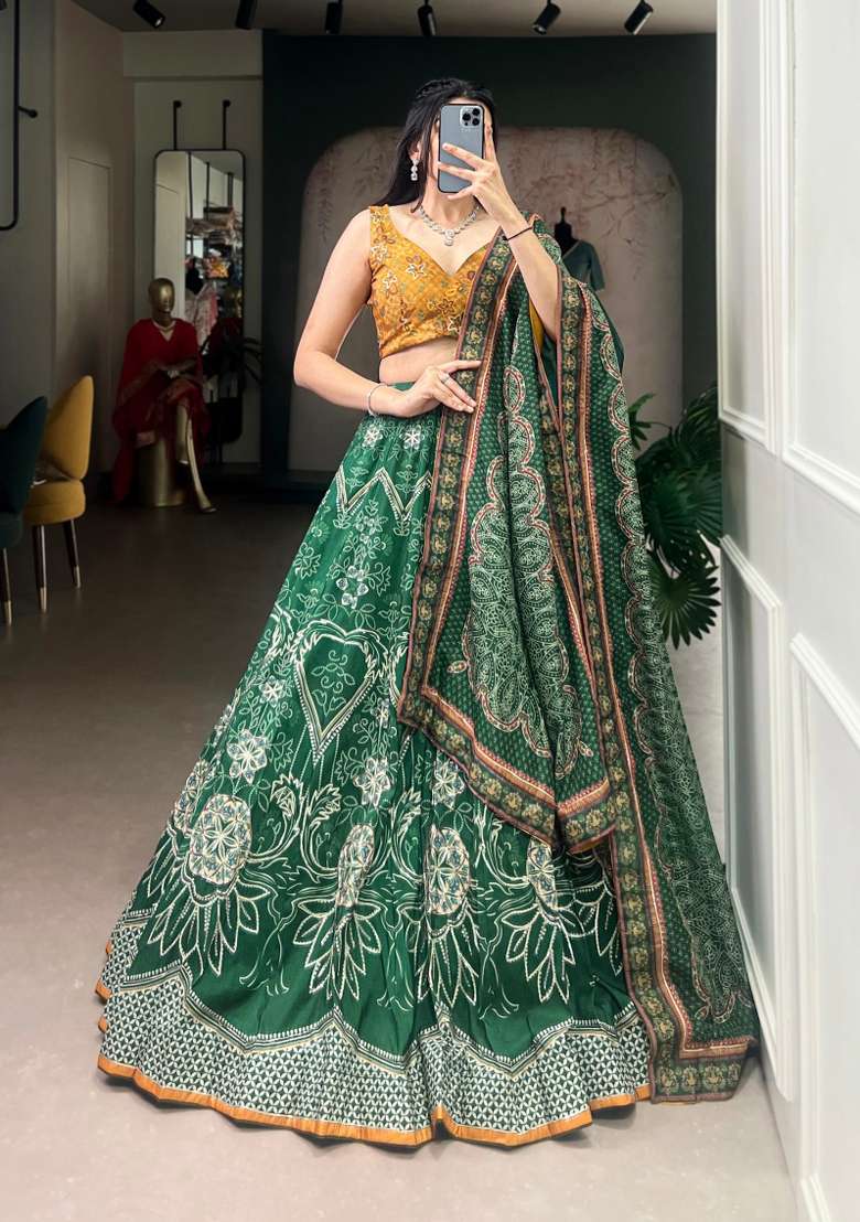 Green Beads Work Silk Lehenga Set - Indya