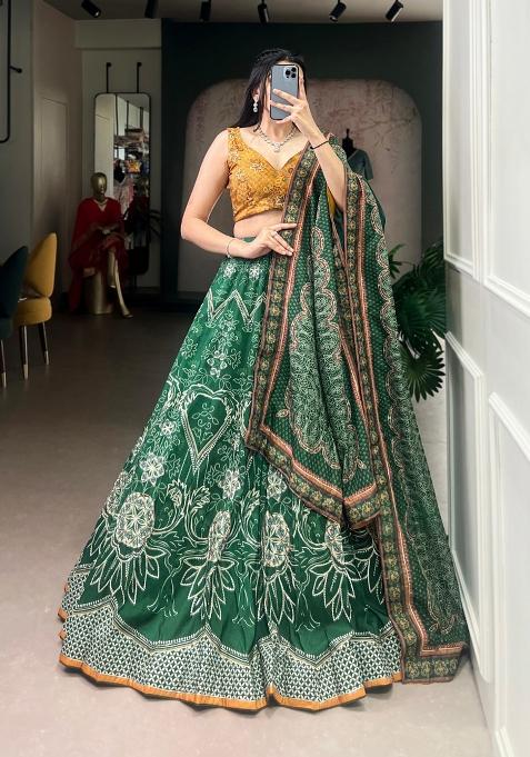 Green Beads Work Silk Lehenga Set