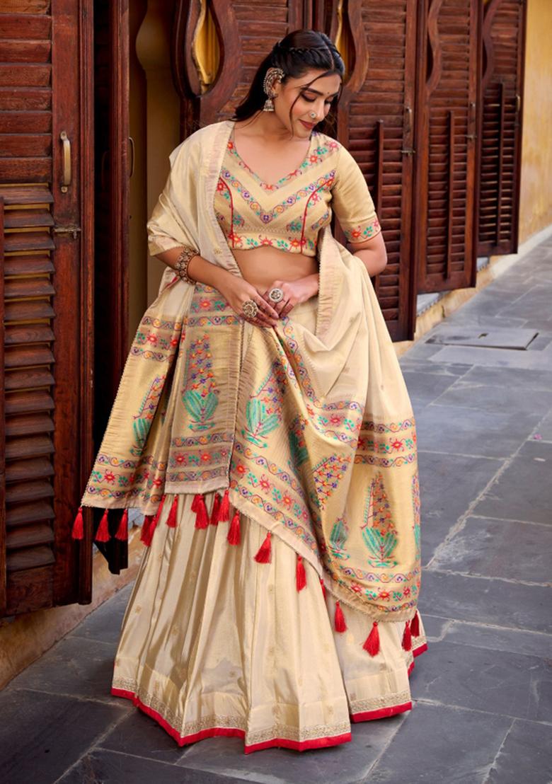 Red Zari Work Shimmer Lehenga Set - Indya