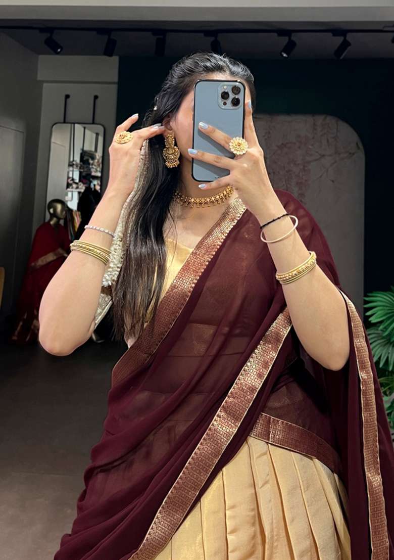 Cream Zari Work Kanchipuram Lehenga Set for Diwali and Festive Wear - Indya