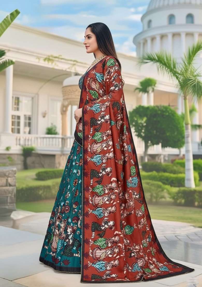 Firozi Printed Silk Lehenga Set for Diwali and Festive Wear - Indya