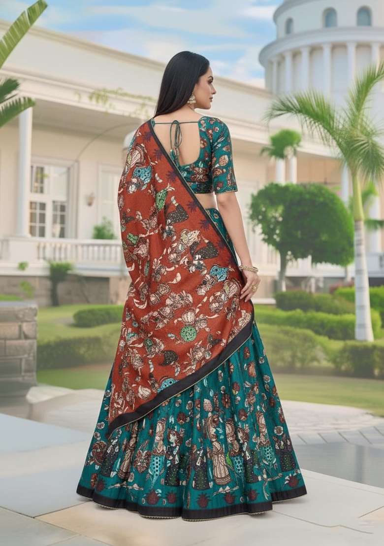 Firozi Printed Silk Lehenga Set for Diwali and Festive Wear - Indya