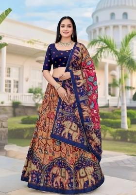 Beige Printed Silk Lehenga Set