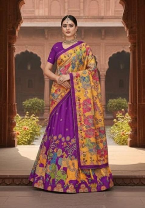 Wine Printed Silk Lehenga Set