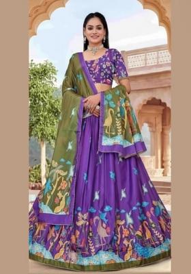 Purple Printed Silk Lehenga Set