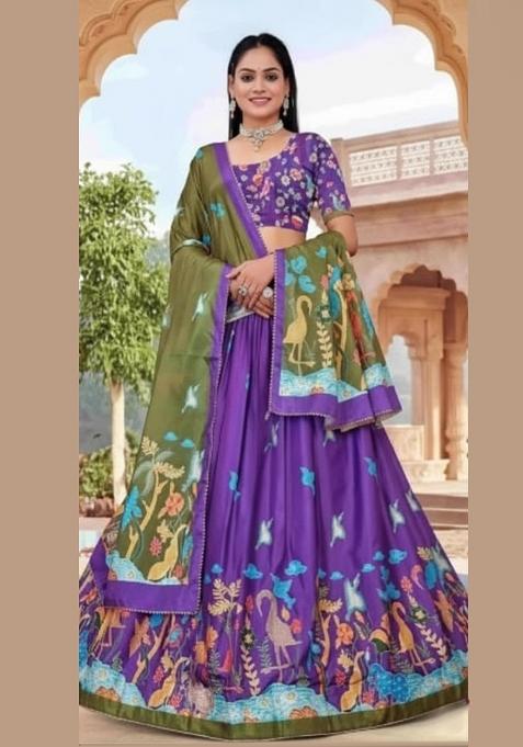 Purple Printed Silk Lehenga Set