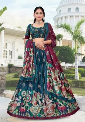 Blue Printed Silk Lehenga Set