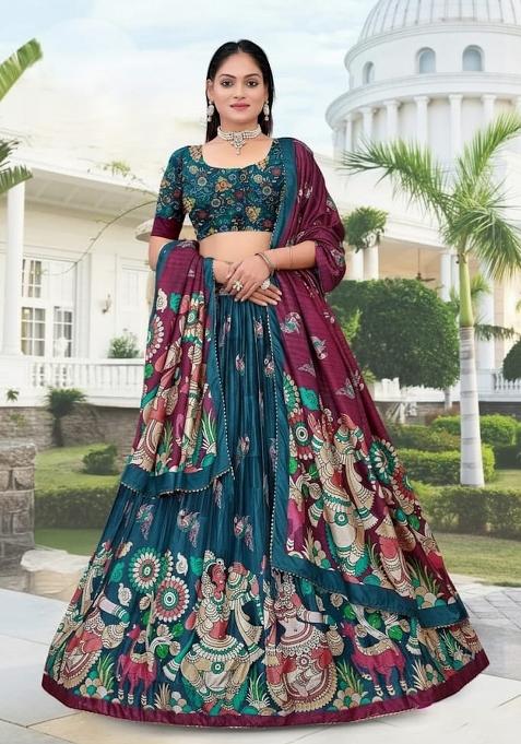 Blue Printed Silk Lehenga Set