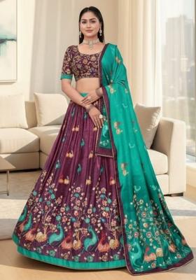 Wine Printed Silk Lehenga Set