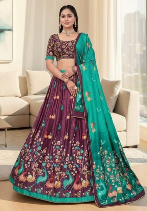 Wine Printed Silk Lehenga Set