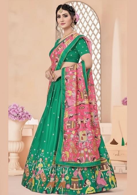 Green Printed Silk Lehenga Set