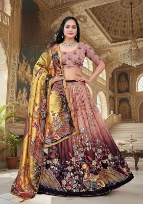 Pink Printed Silk Lehenga Set