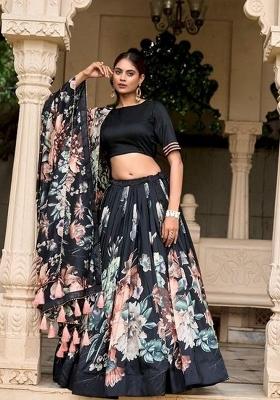 Black Printed Silk Lehenga Set