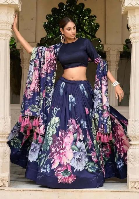 Blue Printed Silk Lehenga Set