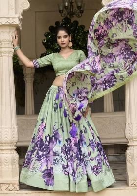 Green Printed Silk Lehenga Set