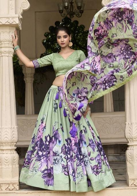 Green Printed Silk Lehenga Set